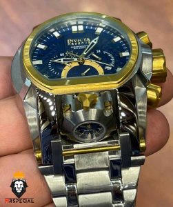 ساعت مچی مردانه اینویکتا زئوس دو زمانه کرنوگراف دورنگ طلایی صفحه ابی 01033 INVICTA ZEUS