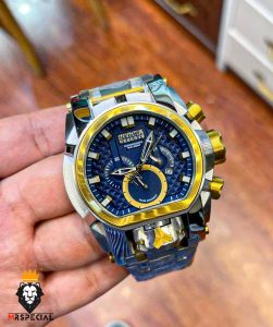 ساعت مچی مردانه اینویکتا زئوس دو زمانه کرنوگراف دورنگ طلایی صفحه ابی 01033 INVICTA ZEUS