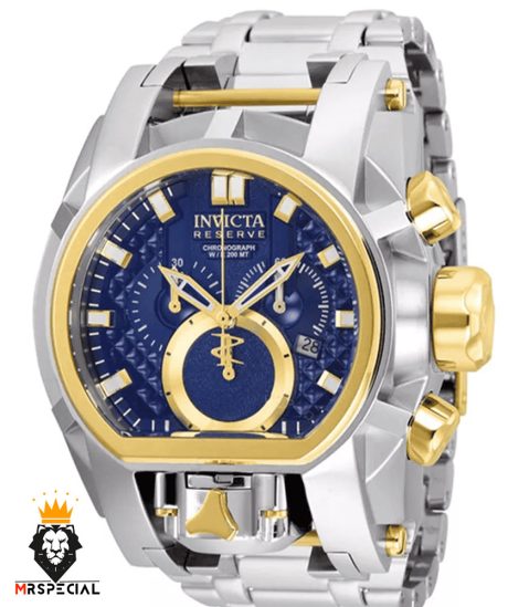 ساعت مچی مردانه اینویکتا زئوس دو زمانه کرنوگراف دورنگ طلایی صفحه ابی 01033 INVICTA ZEUS