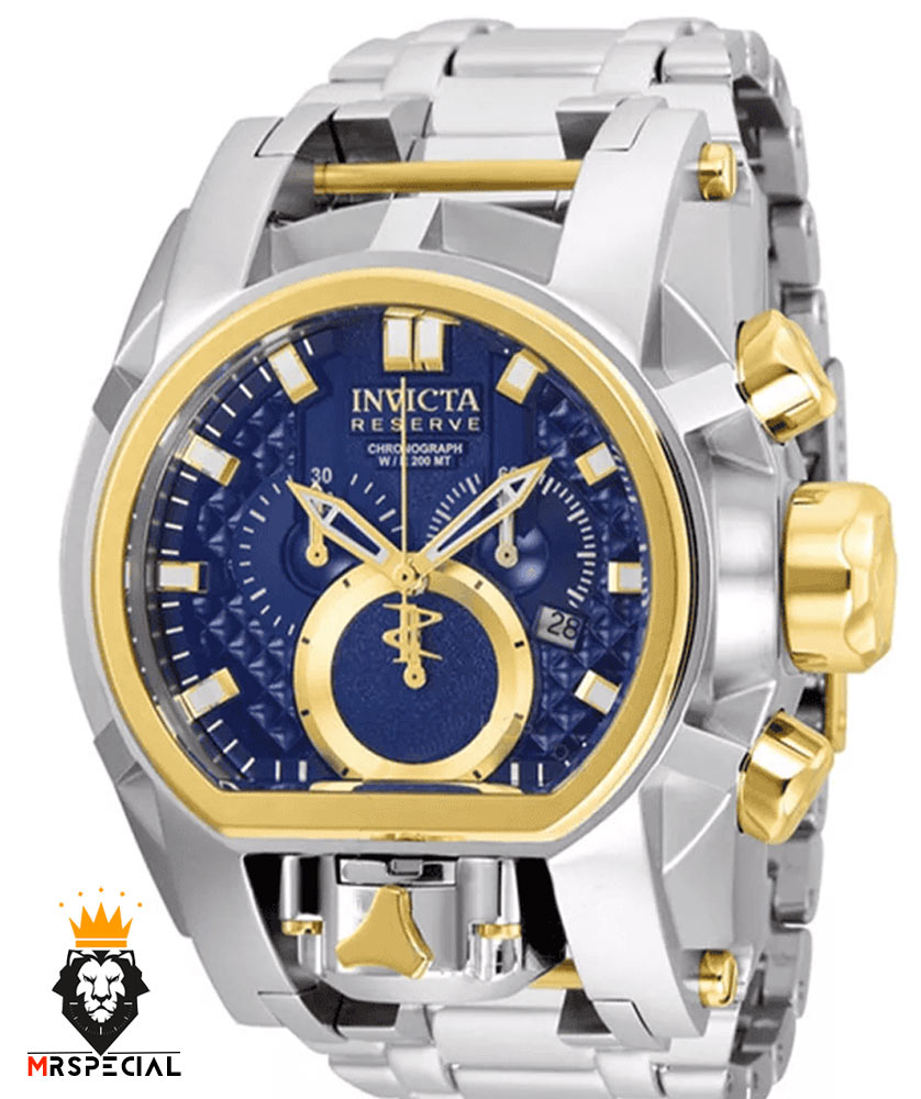 ساعت مچی مردانه اینویکتا زئوس دو زمانه کرنوگراف دورنگ طلایی صفحه ابی 01033 INVICTA ZEUS