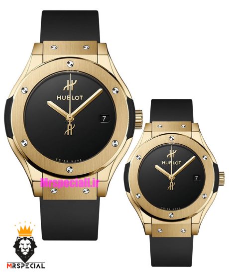 ساعت ست هابلوت مردانه و زنانه کوارتز قاب طلایی بند رابر مشکی صفحه مشکی 021350 HUBLOT BIG BANG