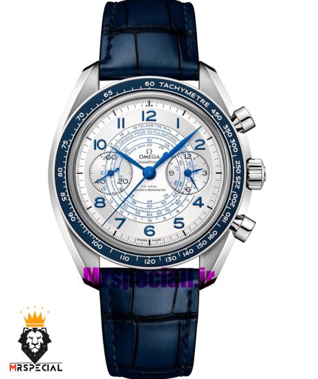 ساعت مچی مردانه امگا اسپید مستر کرنوگراف بند چرم ابی صفحه سفید OMEGA Speedmaster 020995