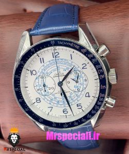 ساعت مچی مردانه امگا اسپید مستر کرنوگراف بند چرم ابی صفحه سفید OMEGA Speedmaster 020995 