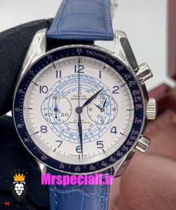 ساعت مچی مردانه امگا اسپید مستر کرنوگراف بند چرم ابی صفحه سفید OMEGA Speedmaster 020995 