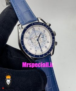 ساعت مچی مردانه امگا اسپید مستر کرنوگراف بند چرم ابی صفحه سفید OMEGA Speedmaster 020995 