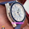 ساعت مچی مردانه امگا اسپید مستر کرنوگراف بند چرم ابی صفحه سفید OMEGA Speedmaster 020995