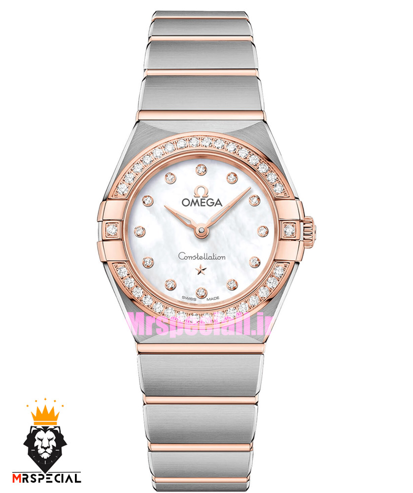 ساعت مچی زنانه امگا کانسلیشن دو رنگ رزگلد قاب نگین صفحه صدف OMEGA CONSTELLATION 4215