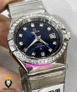 ساعت امگا زنانه مدل کانسلیشن کوارتز استیل قاب نگین صفحه ابی OMEGA CONSTELLATION 021388 