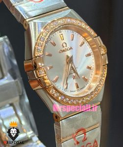 ساعت امگا زنانه مدل کانسلیشن دورنگ رزگلد قاب نگین صفحه نقره ای OMEGA CONSTELLATION 021596