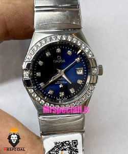 ساعت امگا زنانه مدل کانسلیشن کوارتز استیل قاب نگین صفحه ابی OMEGA CONSTELLATION 021388 