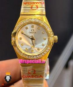ساعت امگا زنانه کانسلیشن طلایی قاب نگین صفحه نقره ای OMEGA CONSTELLATION 021599