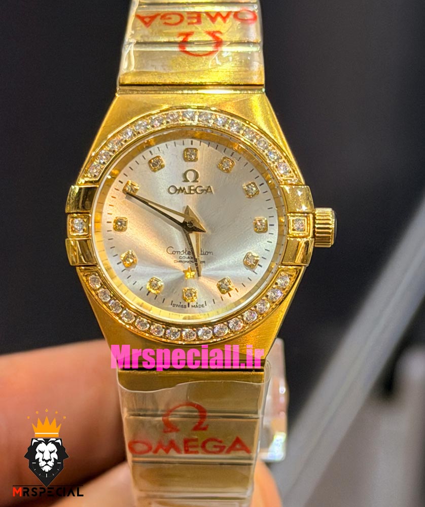 ساعت امگا زنانه کانسلیشن طلایی قاب نگین صفحه نقره ای OMEGA CONSTELLATION 021599