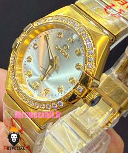 ساعت امگا زنانه کانسلیشن طلایی قاب نگین صفحه نقره ای OMEGA CONSTELLATION 021599