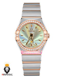 ساعت امگا زنانه مدل کانسلیشن دورنگ رزگلد قاب نگین صفحه نقره ای OMEGA CONSTELLATION 021596