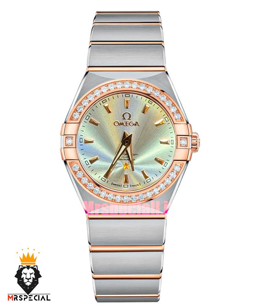 ساعت امگا زنانه مدل کانسلیشن دورنگ رزگلد قاب نگین صفحه نقره ای OMEGA CONSTELLATION 021596
