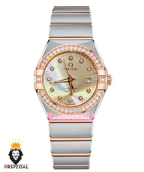 ساعت امگا زنانه مدل کانسلیشن دورنگ رزگلد قاب نگین صفحه نقره ای OMEGA CONSTELLATION 021597
