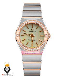 ساعت امگا زنانه کانسلیشن دورنگ رزگلد قاب نگین صفحه سفید صدف OMEGA CONSTELLATION 021598