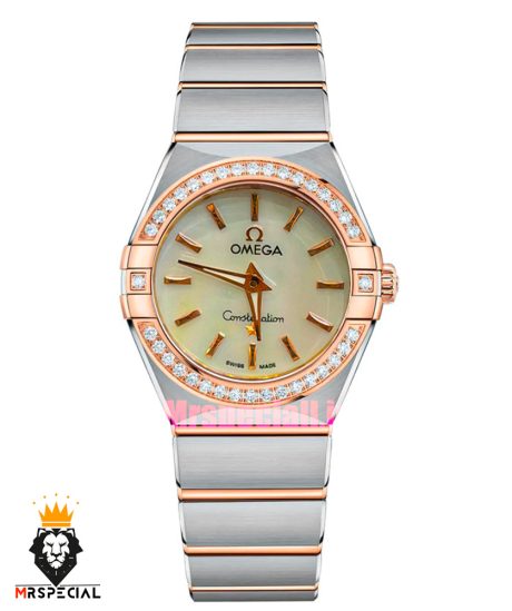 ساعت امگا زنانه کانسلیشن دورنگ رزگلد قاب نگین صفحه سفید صدف OMEGA CONSTELLATION 021598