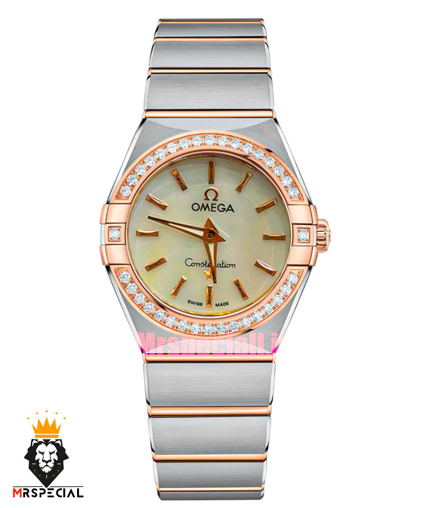 ساعت امگا زنانه کانسلیشن دورنگ رزگلد قاب نگین صفحه سفید صدف OMEGA CONSTELLATION 021598