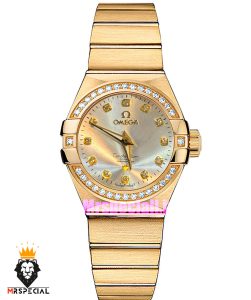 ساعت امگا زنانه کانسلیشن طلایی قاب نگین صفحه نقره ای OMEGA CONSTELLATION 021599