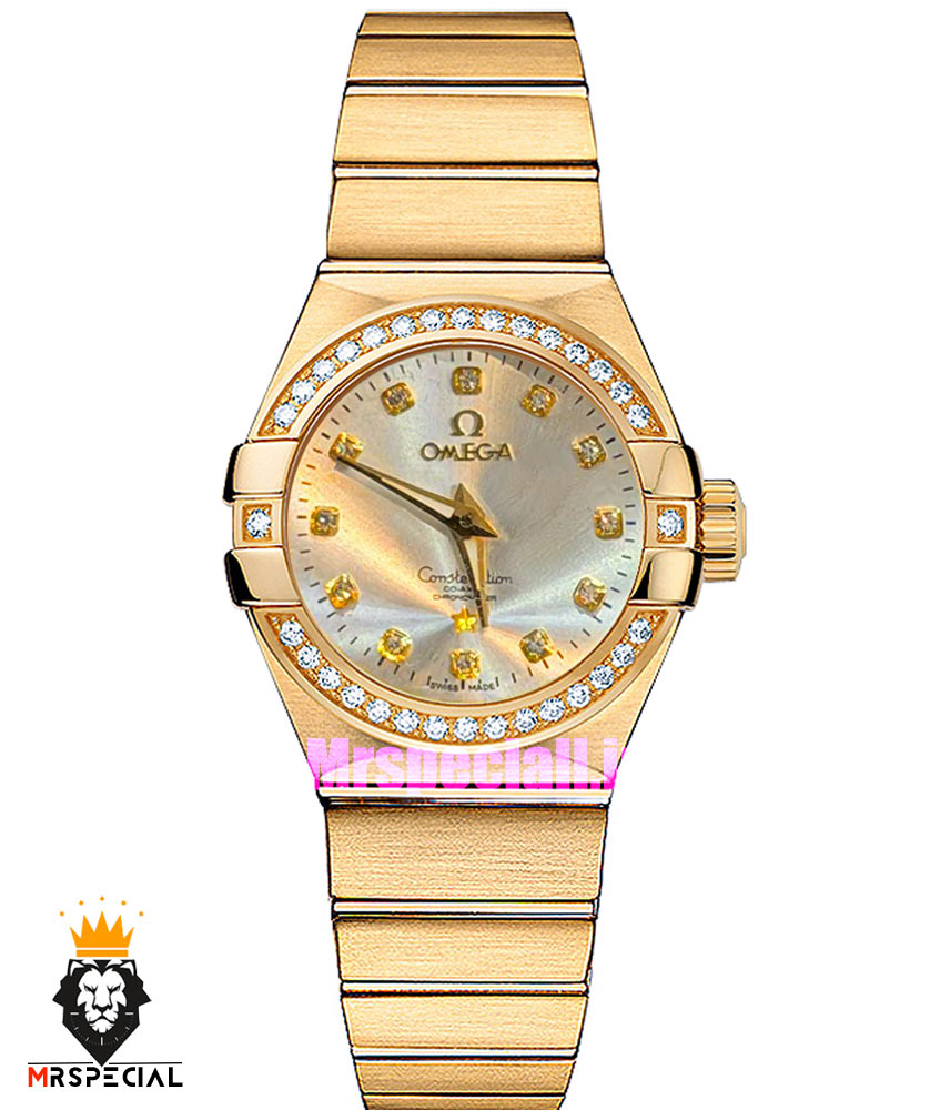 ساعت امگا زنانه کانسلیشن طلایی قاب نگین صفحه نقره ای OMEGA CONSTELLATION 021599