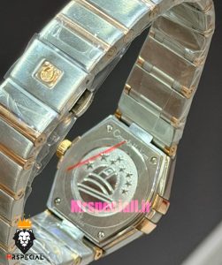 ساعت امگا زنانه مدل کانسلیشن دورنگ رزگلد قاب نگین صفحه نقره ای OMEGA CONSTELLATION 021596