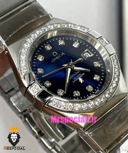 ساعت امگا زنانه مدل کانسلیشن کوارتز استیل قاب نگین صفحه ابی OMEGA CONSTELLATION 021388 