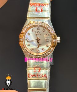 ساعت امگا زنانه مدل کانسلیشن دورنگ رزگلد قاب نگین صفحه نقره ای OMEGA CONSTELLATION 021597