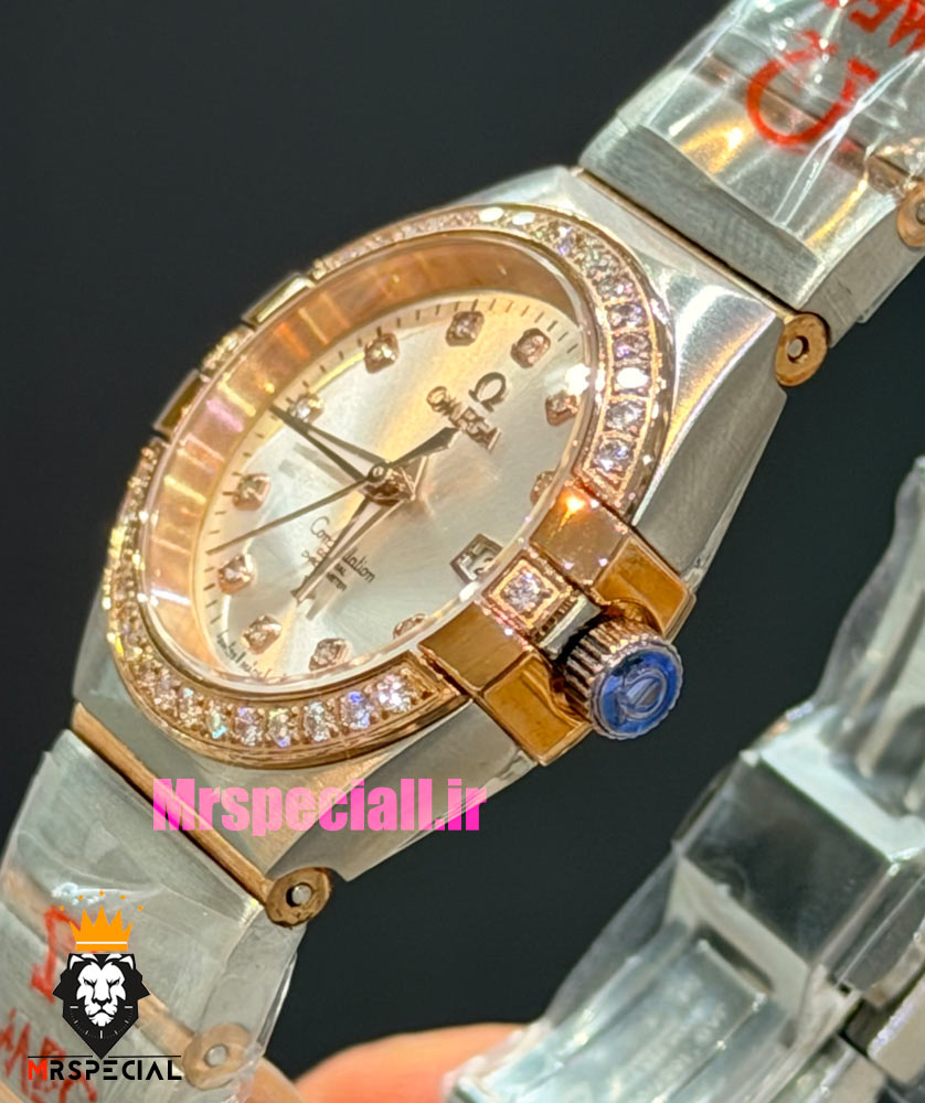 ساعت امگا زنانه مدل کانسلیشن دورنگ رزگلد قاب نگین صفحه نقره ای OMEGA CONSTELLATION 021597