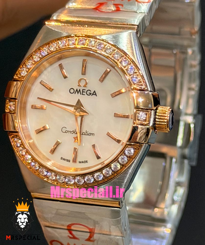 ساعت امگا زنانه کانسلیشن دورنگ رزگلد قاب نگین صفحه سفید صدف OMEGA CONSTELLATION 021598