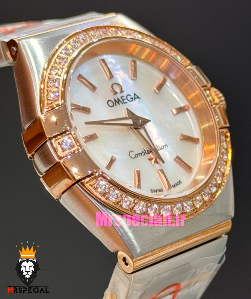 ساعت امگا زنانه کانسلیشن دورنگ رزگلد قاب نگین صفحه سفید صدف OMEGA CONSTELLATION 021598