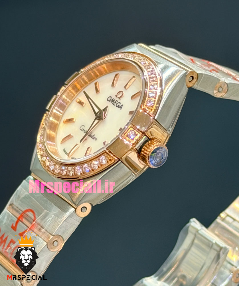 ساعت امگا زنانه کانسلیشن دورنگ رزگلد قاب نگین صفحه سفید صدف OMEGA CONSTELLATION 021598