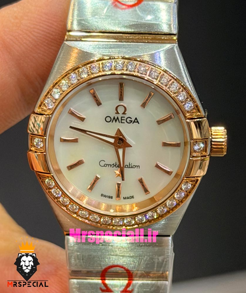 ساعت امگا زنانه کانسلیشن دورنگ رزگلد قاب نگین صفحه سفید صدف OMEGA CONSTELLATION 021598