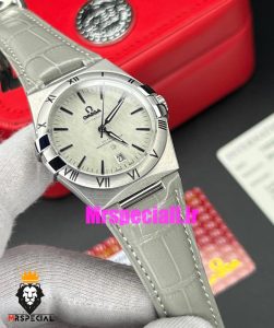 ساعت امگا مردانه کانسلیشن اتوماتیک بند چرم طوسی صفحه سفید OMEGA CONSTELLATION 021028