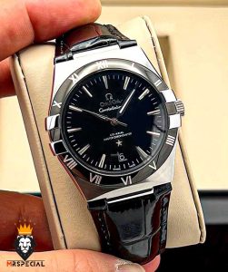 ساعت مچی مردانه امگا کانسلیشن اتوماتیک بند چرم صفحه مشکی OMEGA CONSTELLATION 00923