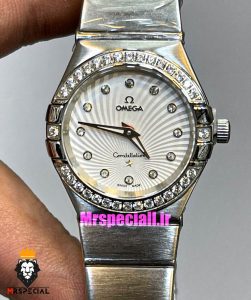 ساعت امگا زنانه مدل کانسلیشن کوارتز استیل قاب نگین صفحه سفید OMEGA CONSTELLATION 021392