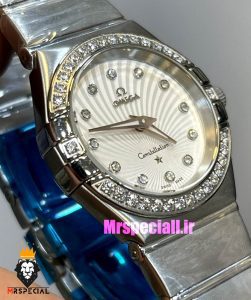 ساعت امگا زنانه مدل کانسلیشن کوارتز استیل قاب نگین صفحه سفید OMEGA CONSTELLATION 021392