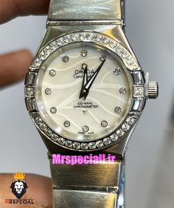 ساعت امگا زنانه مدل کانسلیشن کوارتز استیل قاب نگین صفحه سفید OMEGA CONSTELLATION 021393 