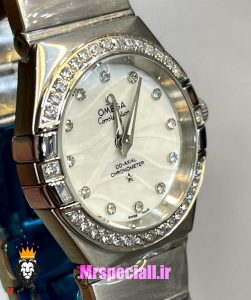 ساعت امگا زنانه مدل کانسلیشن کوارتز استیل قاب نگین صفحه سفید OMEGA CONSTELLATION 021393 