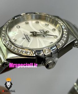 ساعت امگا زنانه مدل کانسلیشن کوارتز استیل قاب نگین صفحه سفید OMEGA CONSTELLATION 021393 