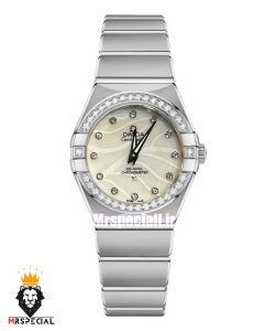 ساعت امگا زنانه مدل کانسلیشن کوارتز استیل قاب نگین صفحه سفید OMEGA CONSTELLATION 021393