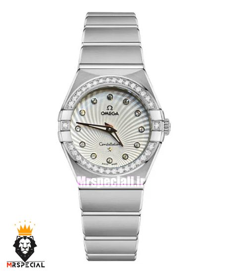 ساعت امگا زنانه مدل کانسلیشن کوارتز استیل قاب نگین صفحه سفید OMEGA CONSTELLATION 021392