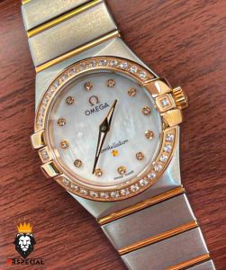 ساعت مچی زنانه امگا کانسلیشن دو رنگ رزگلد قاب نگین صفحه صدف OMEGA CONSTELLATION 4215