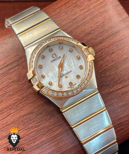 ساعت مچی زنانه امگا کانسلیشن دو رنگ رزگلد قاب نگین صفحه صدف OMEGA CONSTELLATION 4215