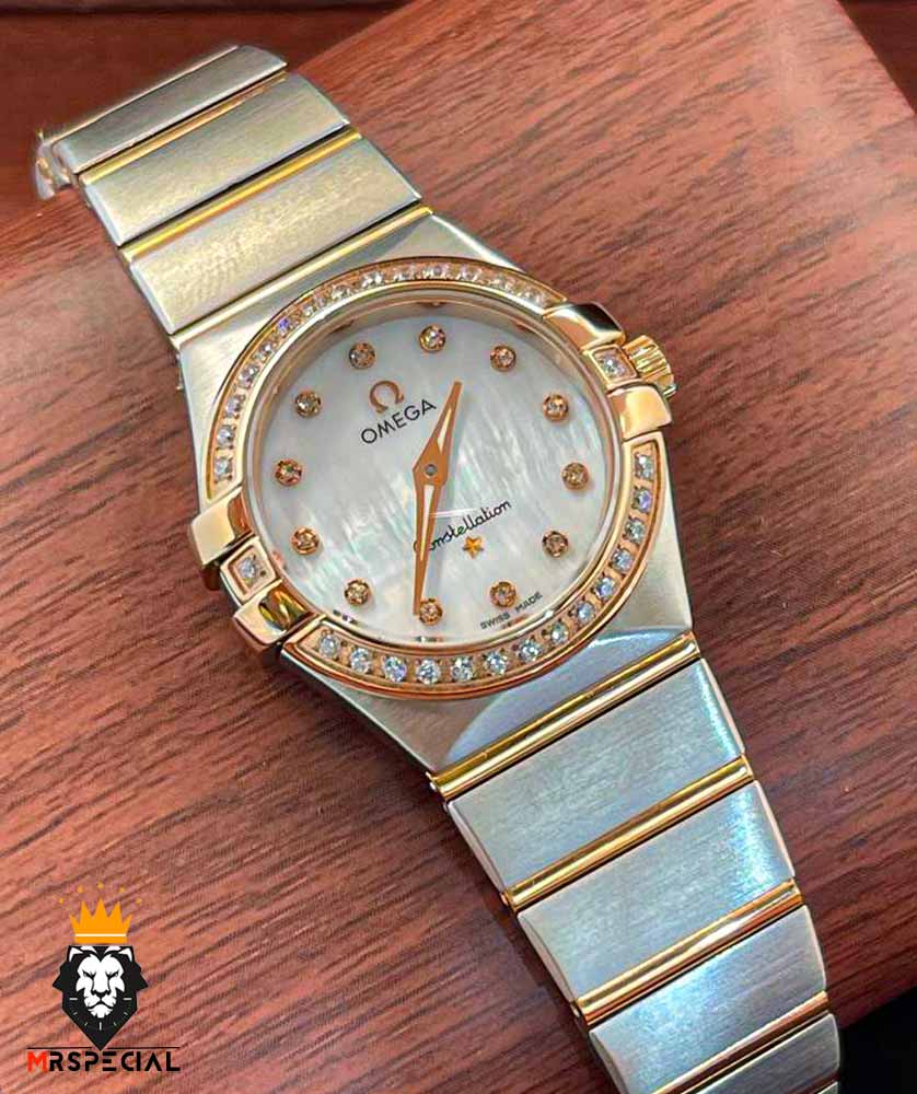 ساعت مچی زنانه امگا کانسلیشن دو رنگ رزگلد قاب نگین صفحه صدف OMEGA CONSTELLATION 4215