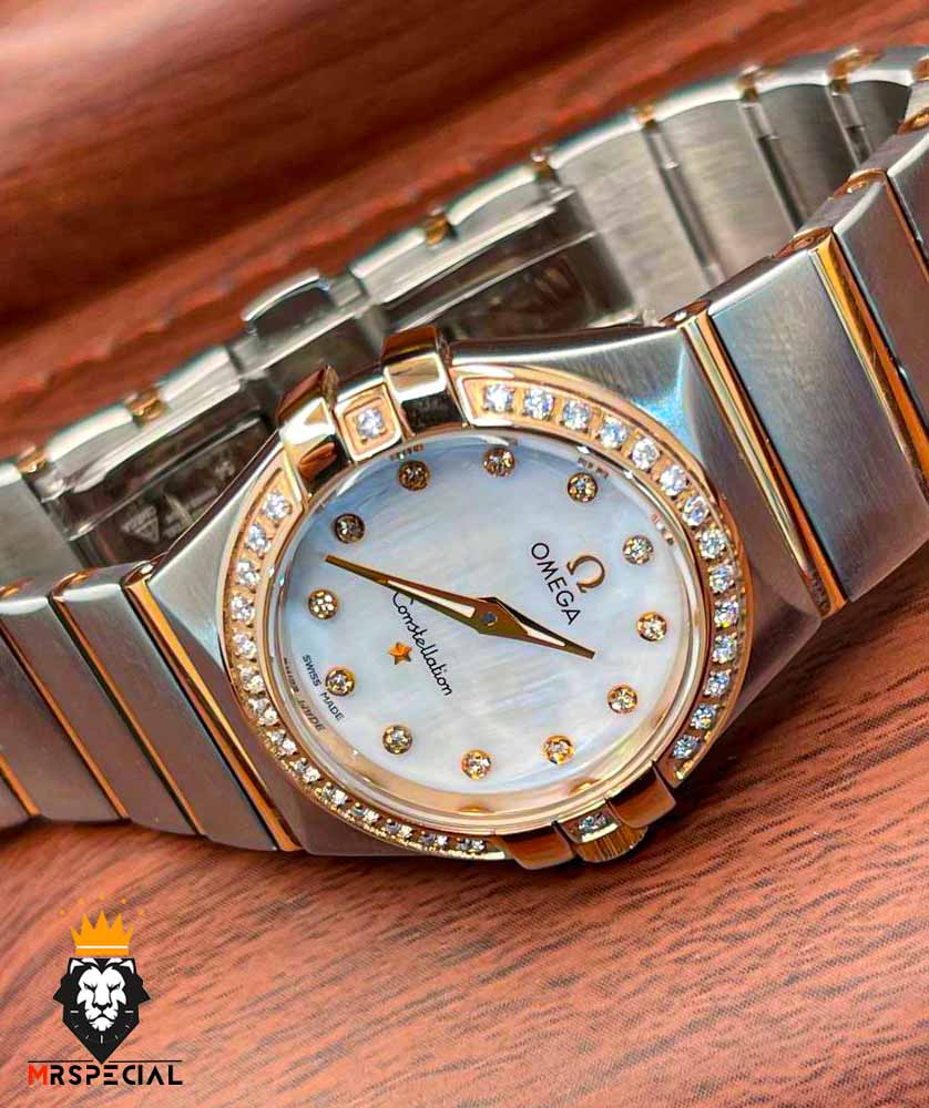 ساعت مچی زنانه امگا کانسلیشن دو رنگ رزگلد قاب نگین صفحه صدف OMEGA CONSTELLATION 4215