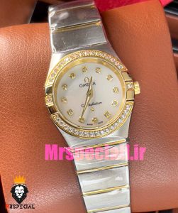 ساعت امگا زنانه مدل کانسلیشن دو رنگ طلایی صفحه صدف قاب نگین OMEGA constllation 020948 