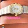 ساعت امگا زنانه مدل کانسلیشن دو رنگ طلایی صفحه صدف قاب نگین OMEGA constllation 020948