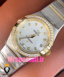 ساعت امگا زنانه مدل کانسلیشن دو رنگ طلایی صفحه صدف قاب نگین OMEGA constllation 020948 
