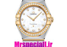 ساعت امگا زنانه مدل کانسلیشن دو رنگ طلایی صفحه صدف قاب نگین OMEGA constllation 020948